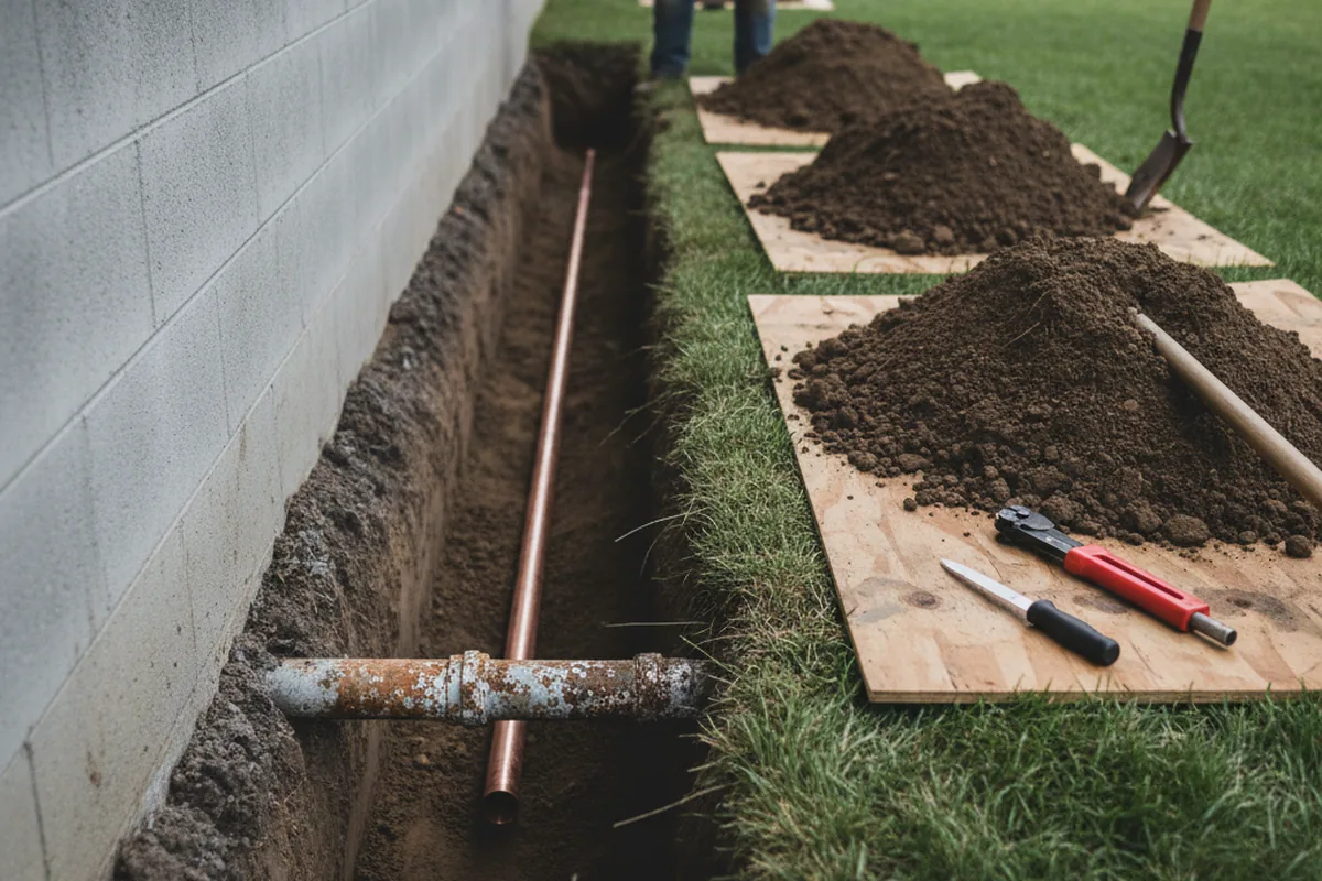 Excavated water line trench during Water Heater Repair in North Beach